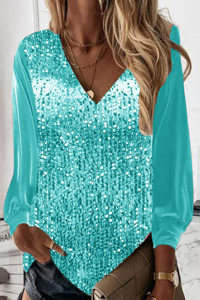 Sara | Paillettenbluse mit langen Ärmeln und V Ausschnitt