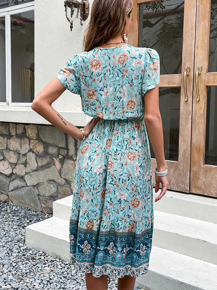 Darcy – Grünes Boho-Midikleid mit floralem Charme