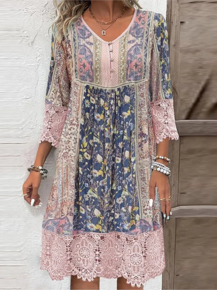 Damen Sommer V-Ausschnitt Midikleid mit Spitze und Blumendesign