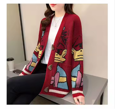 Geknöpfte Strickjacke mit Cartoon-Entendesign für Frauen