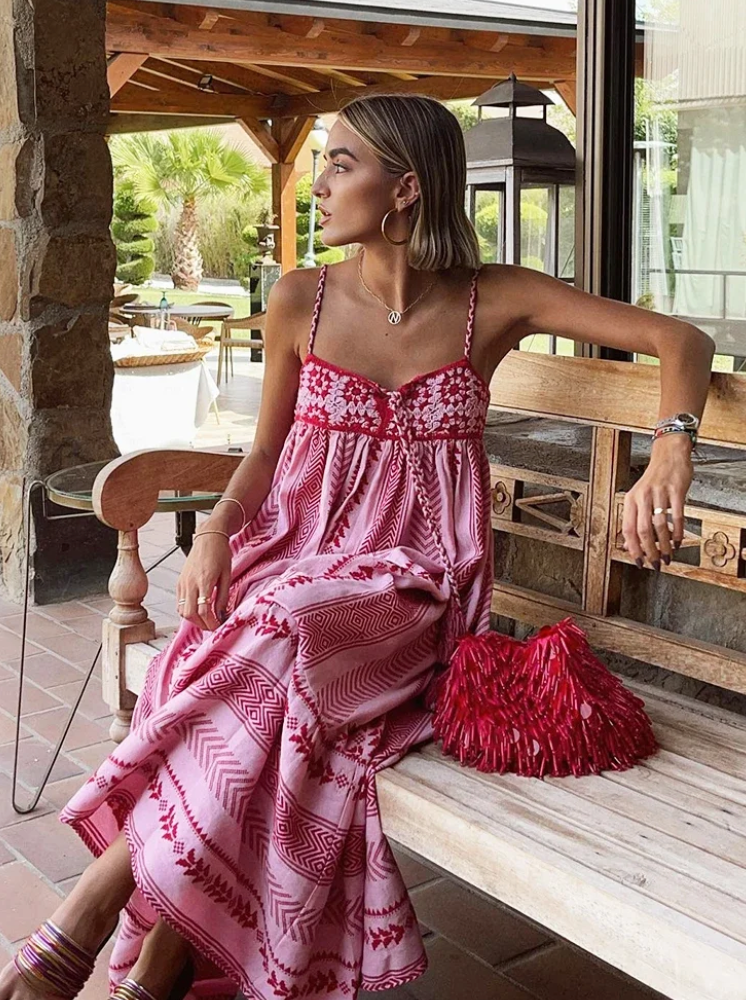 Maxi Sommerkleid aus Viskose – A-Linie, Blumenmuster, Boho-Stil