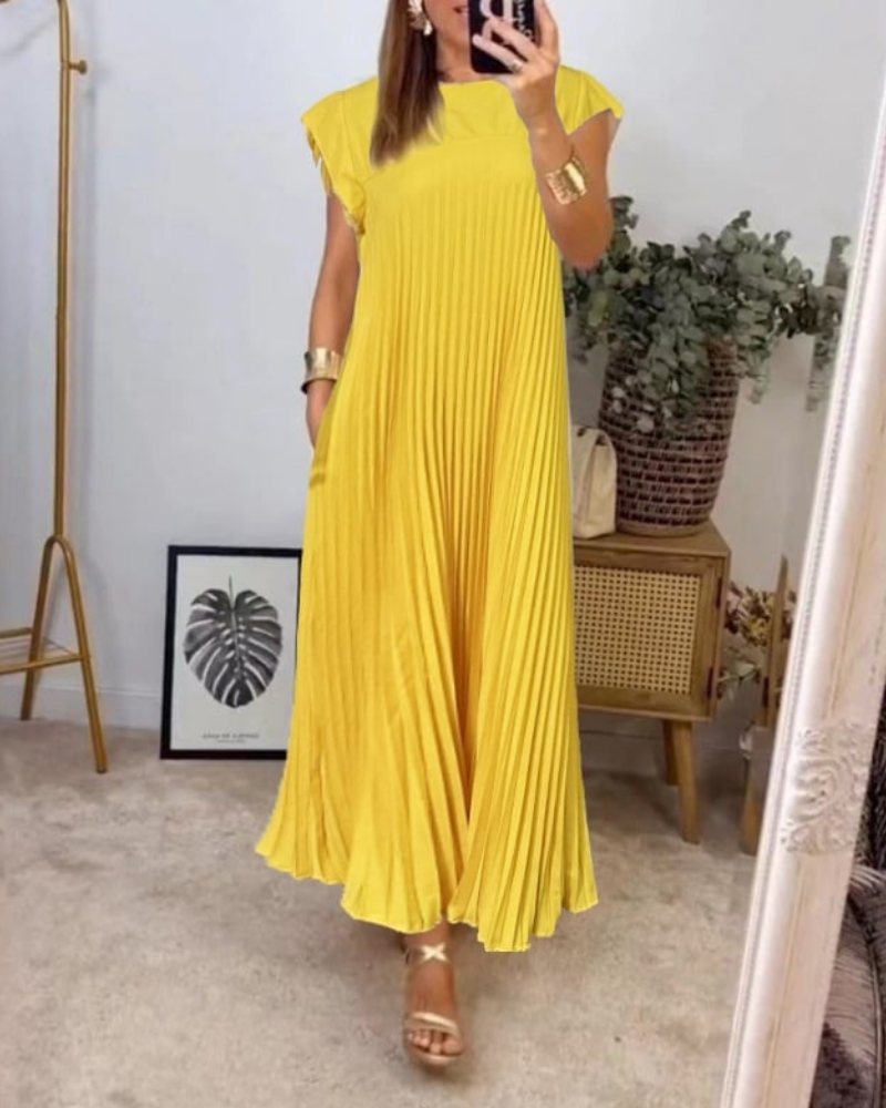 Damen Sommer Kurzen Ärmeln Maxikleid mit Falten