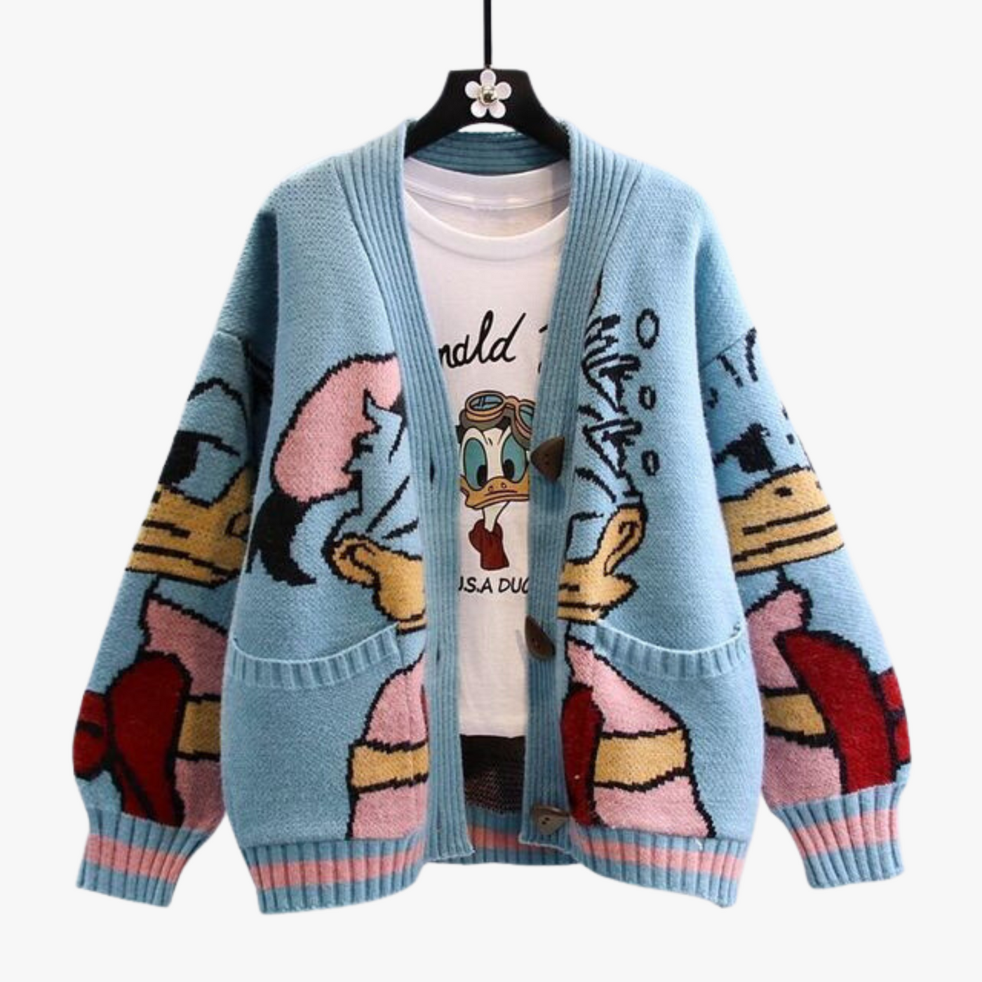 Geknöpfte Strickjacke mit Cartoon-Entendesign für Frauen
