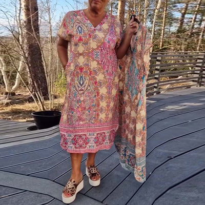 Kleid V-Ausschnitt Kurzarm Bedruckt Gerade