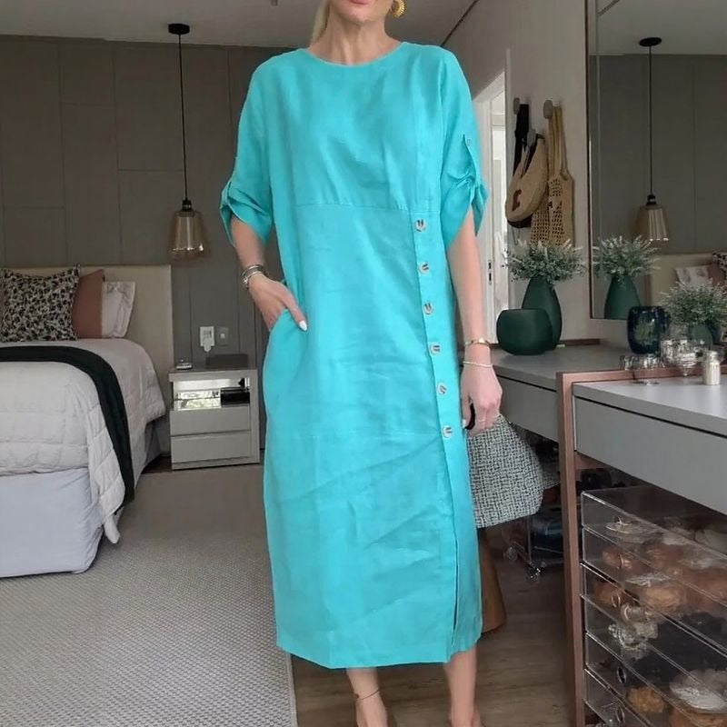 UTA - LEINEN-KLEID MIT KNOPFLEISTE