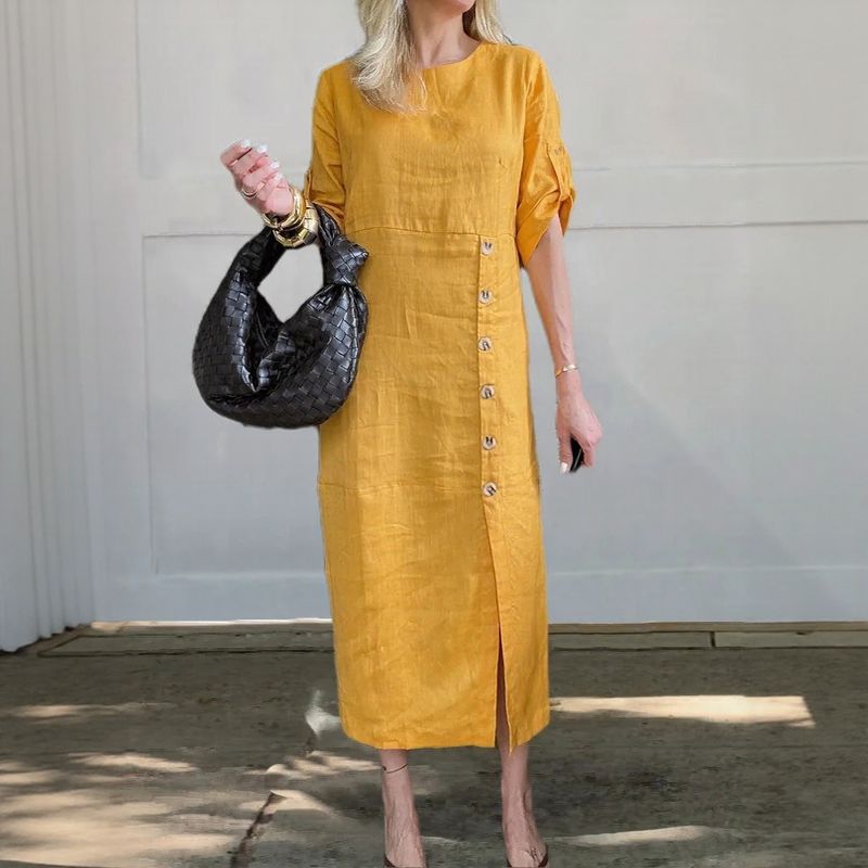 UTA - LEINEN-KLEID MIT KNOPFLEISTE