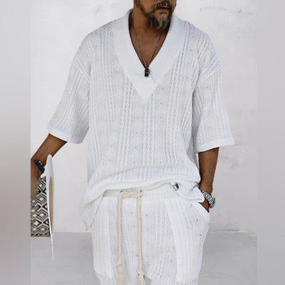 V-Ausschnitt Strick Shirt und Shorts Set für Herren