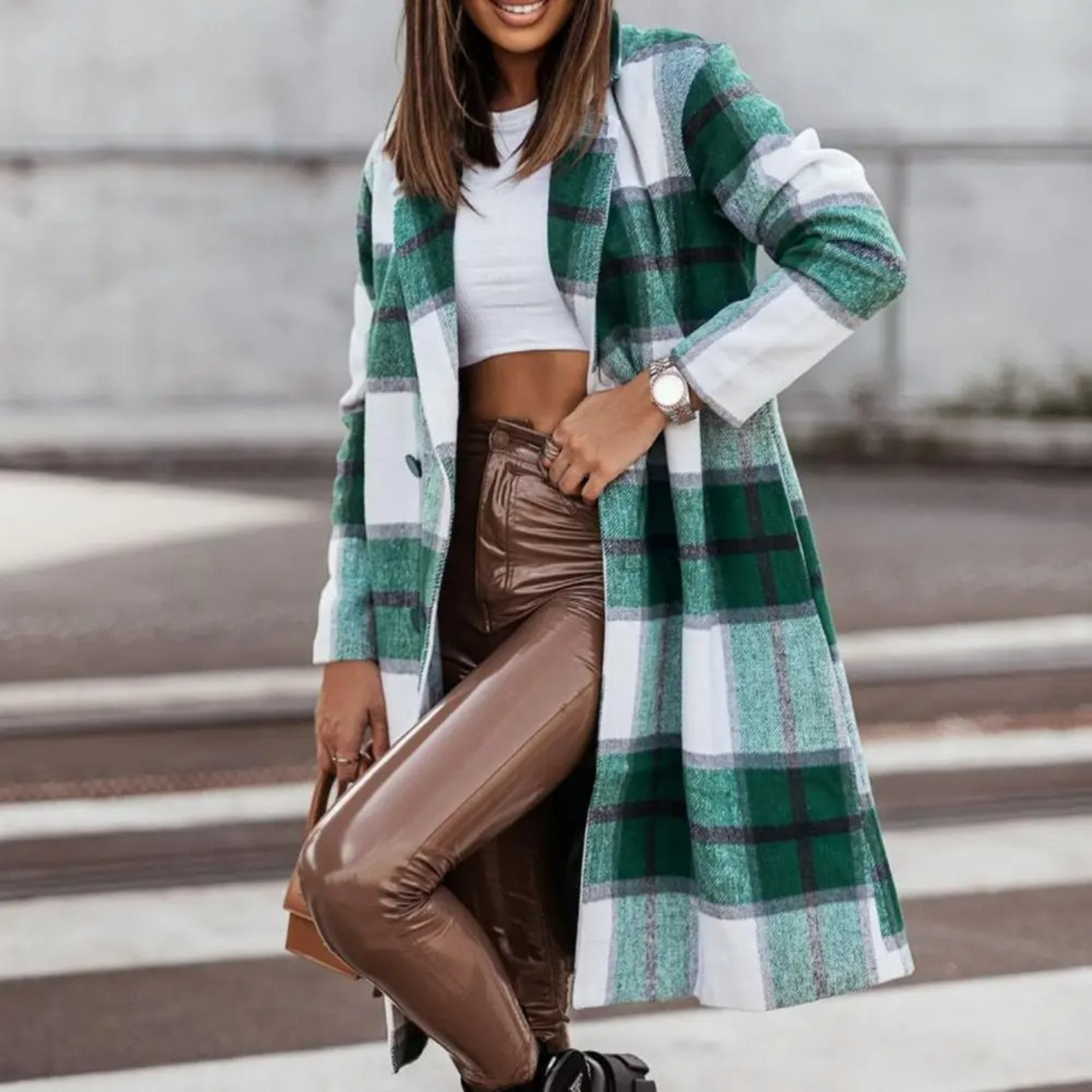 Stilvolle Lange Karierte Winterjacke für Frauen