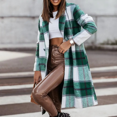 Stilvolle Lange Karierte Winterjacke für Frauen