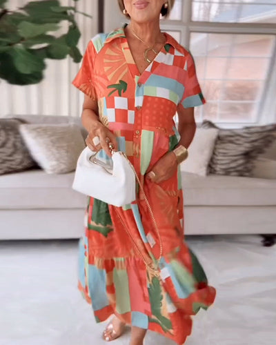 Kleid V-Ausschnitt Kurzärmelig Bedruckt Lässig