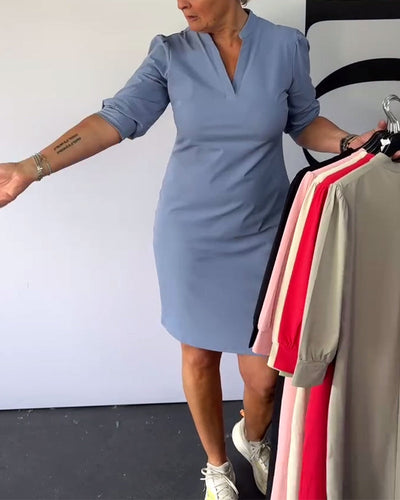 Kleid V-Ausschnitt Einfarbig Gerade Hüfte