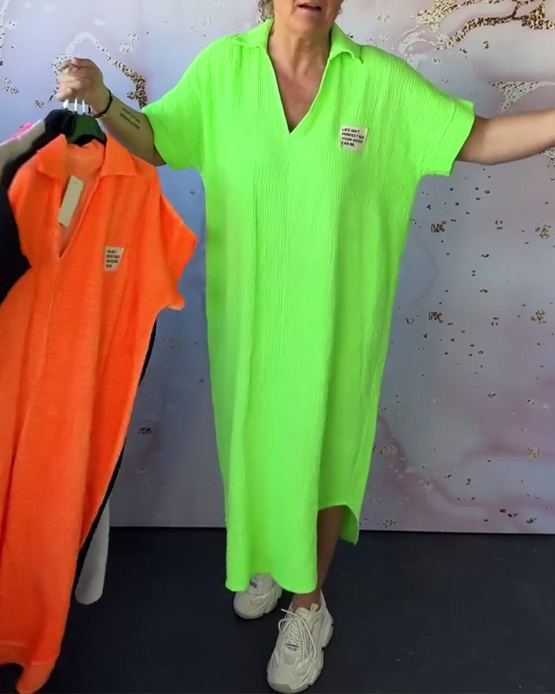 Kleid V-Ausschnitt Gefaltet Einfarbig Lang