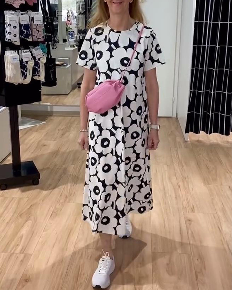 Kleid Kurzärmlig Blumenprint Maxi
