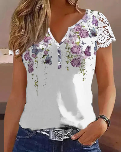 Oberteil Mit Floral Butterfly Print Lace Patch Stil