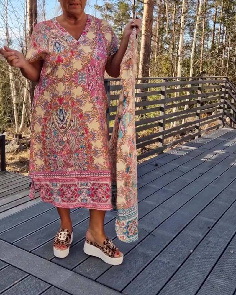 Kleid V-Ausschnitt Kurzarm Bedruckt Gerade