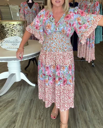 Kleid V-Ausschnitt Lotusärmel Blume