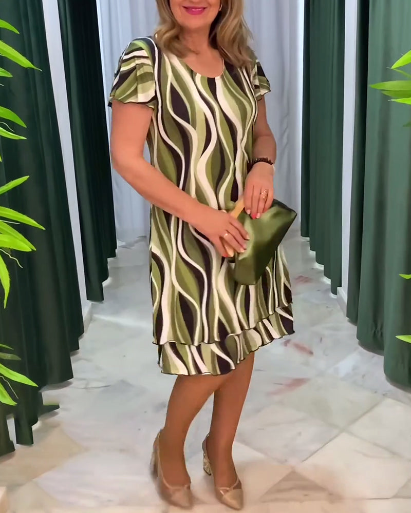 Kleid Rüschenärmel Gedruckt Doppelschicht