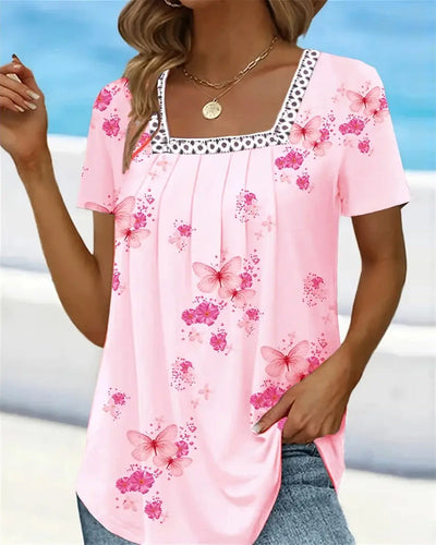 Bluse Weiter Kragen Gerafft Bedruckt Patchwork