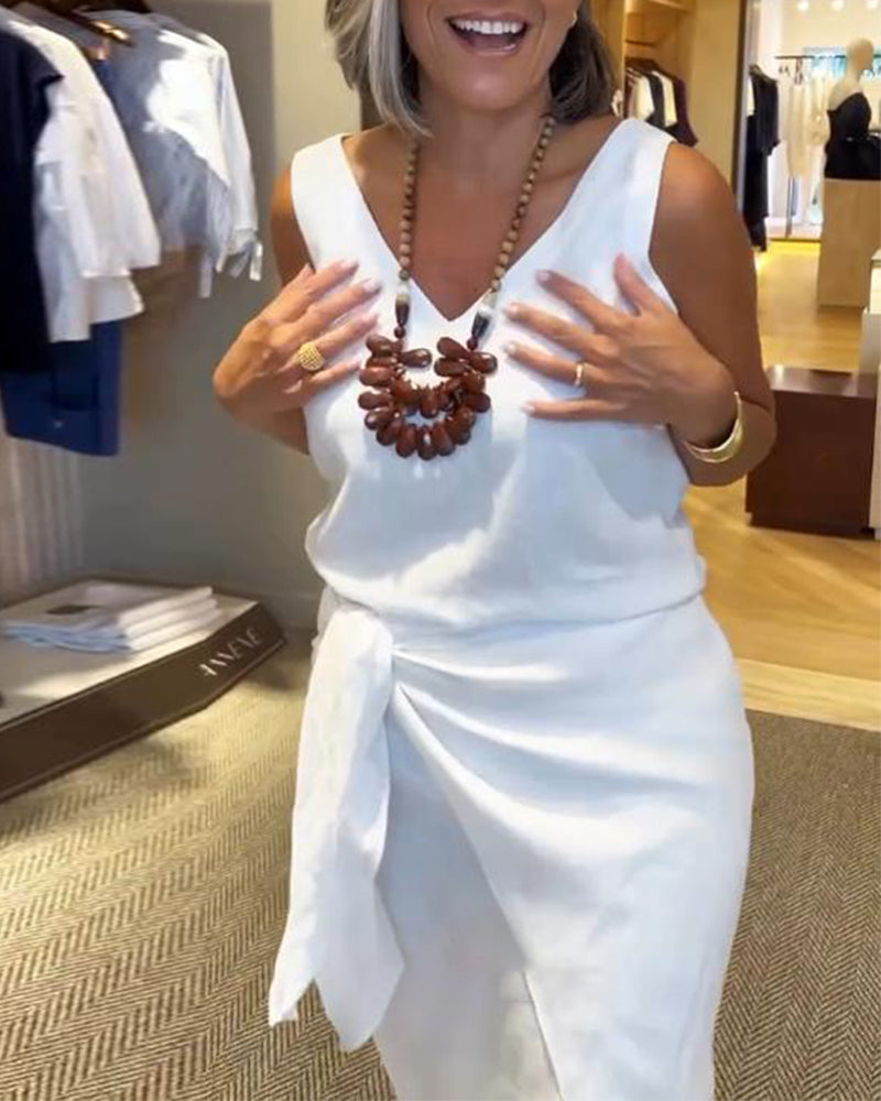 Kleid Ärmellos V-Ausschnitt Uni-Farben