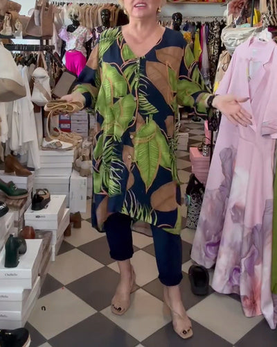 Lockeres Kleid Mit Blattmuster Und V-Ausschnitt