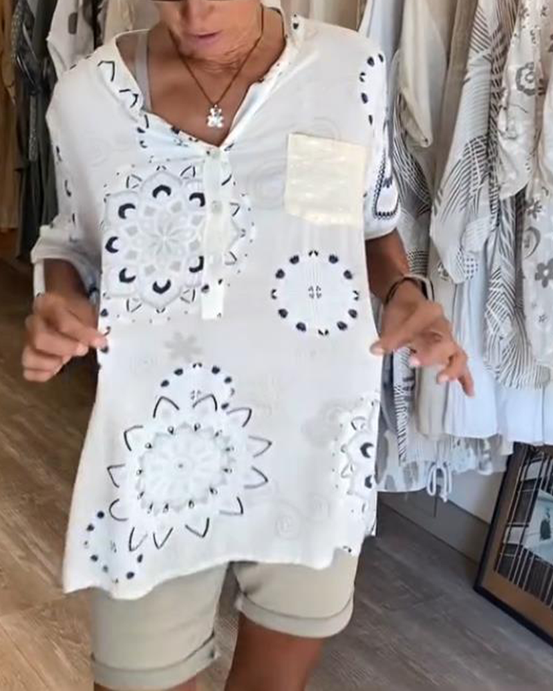 Bluse Vielseitig V-Ausschnitt Bedruckt Halbe Ärmel