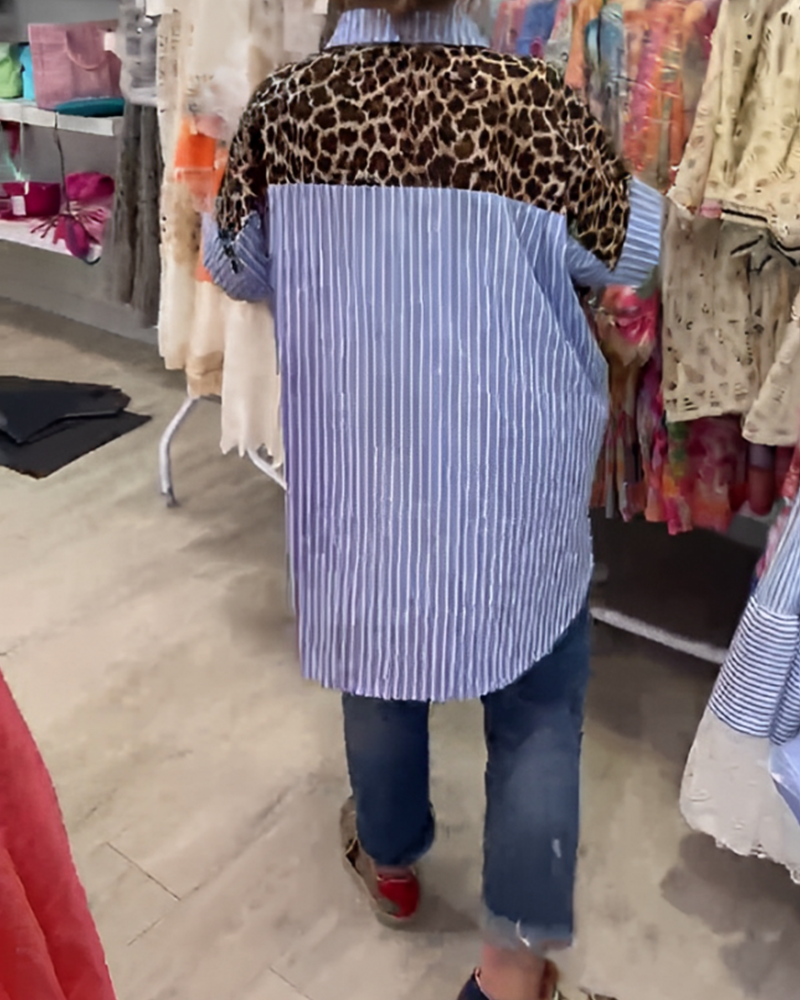 Gestreifter Revers Leopardenmuster Hemd