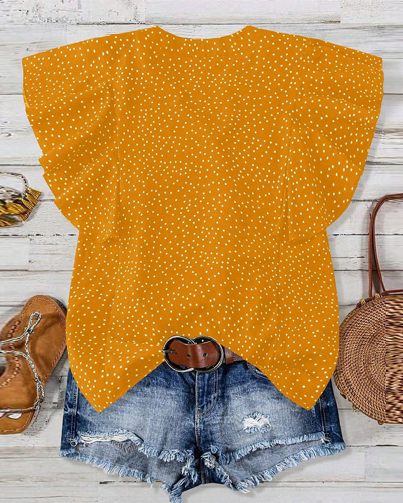 Bluse Rüschenärmel V-Ausschnitt Pünktchen