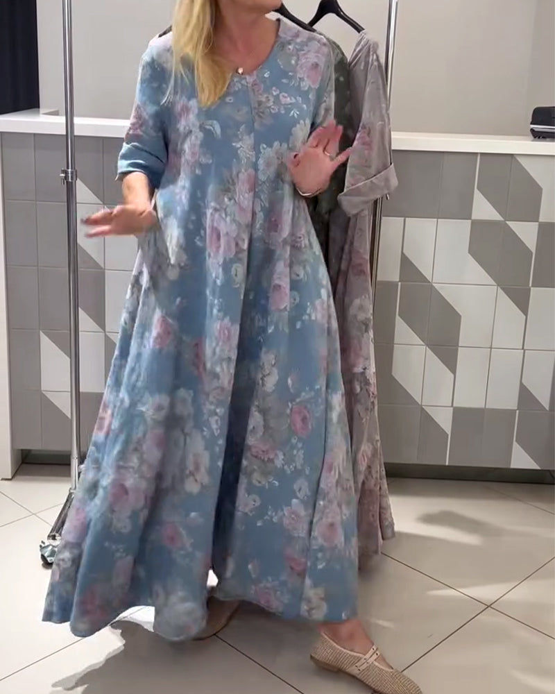 Kleid V-Ausschnitt Blumenmuster A-Linie