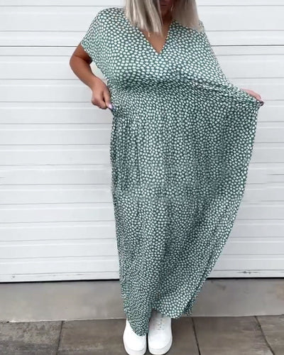 Kleid V-Ausschnitt Bedruckte Taille Kurzärmelig