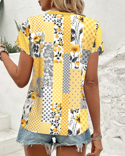 Bluse V-Ausschnitt Kurzärmelig Blumenmuster
