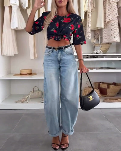 T-Shirt Rundhals Blumenmuster Kurzärmlig