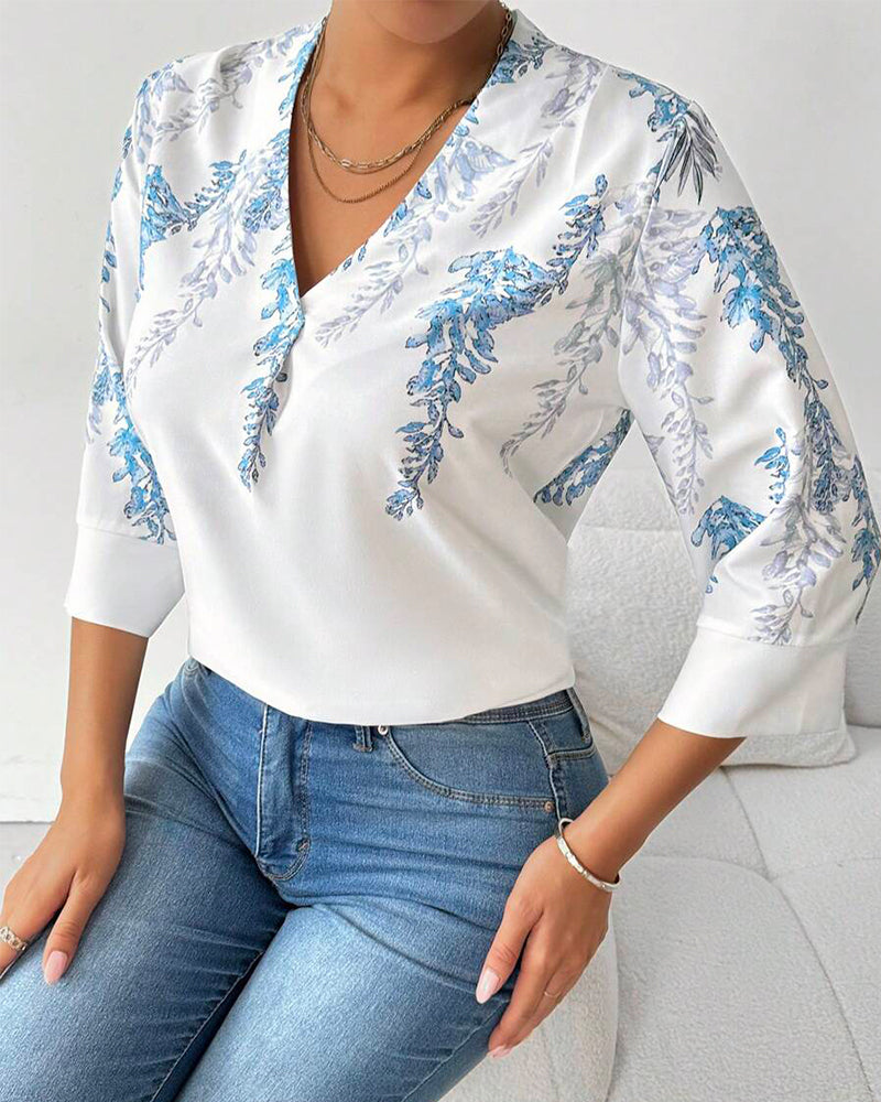 Bluse Dreiviertelärmel V-Ausschnitt Bedruckt