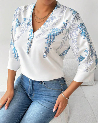 Bluse Dreiviertelärmel V-Ausschnitt Bedruckt