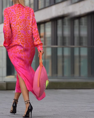 Kleid Langarm Leopardenmuster Schlitz