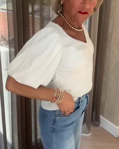 T-Shirt mit Puffärmeln und V-Ausschnitt