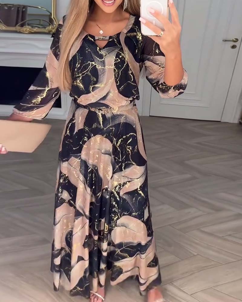 Kleid Elegant Dreiviertelarm Gedruckte Taille