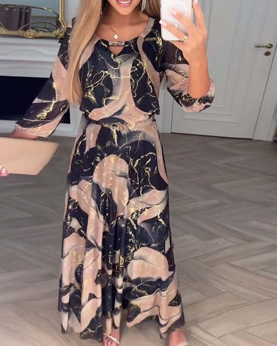 Kleid Elegant Dreiviertelarm Gedruckte Taille