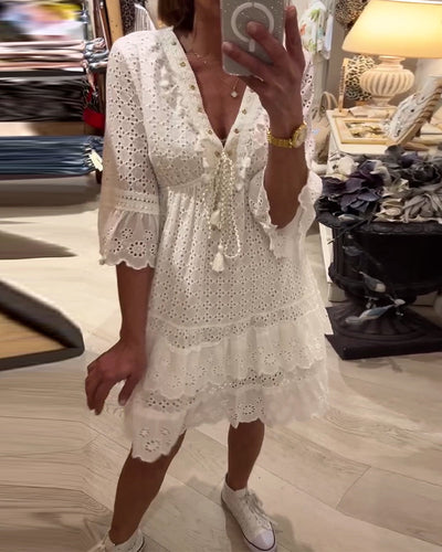 Kleid Trompetenärmel Spitze Hohles Design Schleife