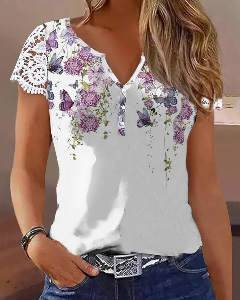 Oberteil Mit Floral Butterfly Print Lace Patch Stil