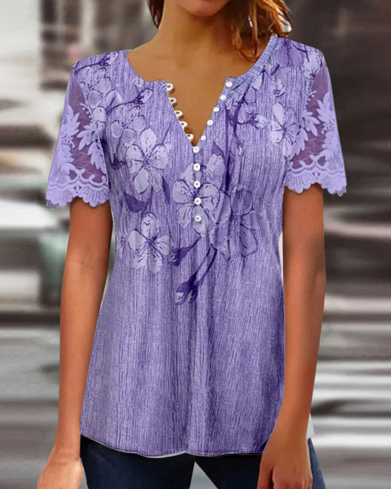 Bluse mit Spitzeneinsatz Rundhalsausschnitt bedruckt