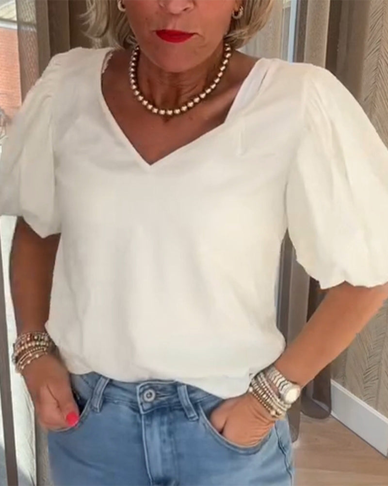 T-Shirt mit Puffärmeln und V-Ausschnitt