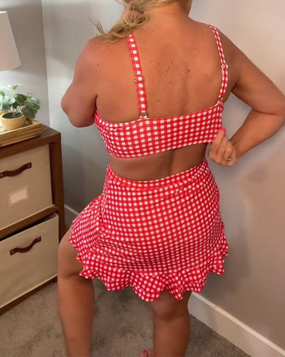 Badeanzug lässiger Träger karierter Druck zweiteilig