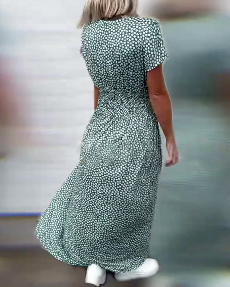 Kleid V-Ausschnitt Bedruckte Taille Kurzärmelig