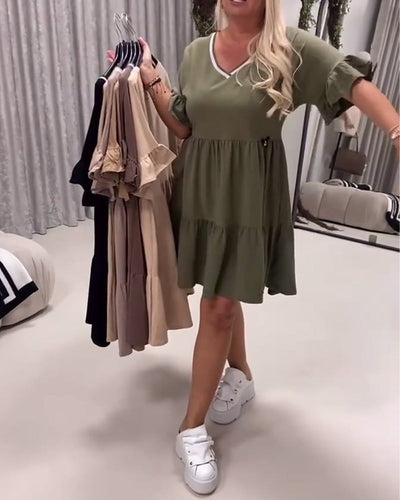 Kleid V-Ausschnitt Rüschenärmel A-Linie