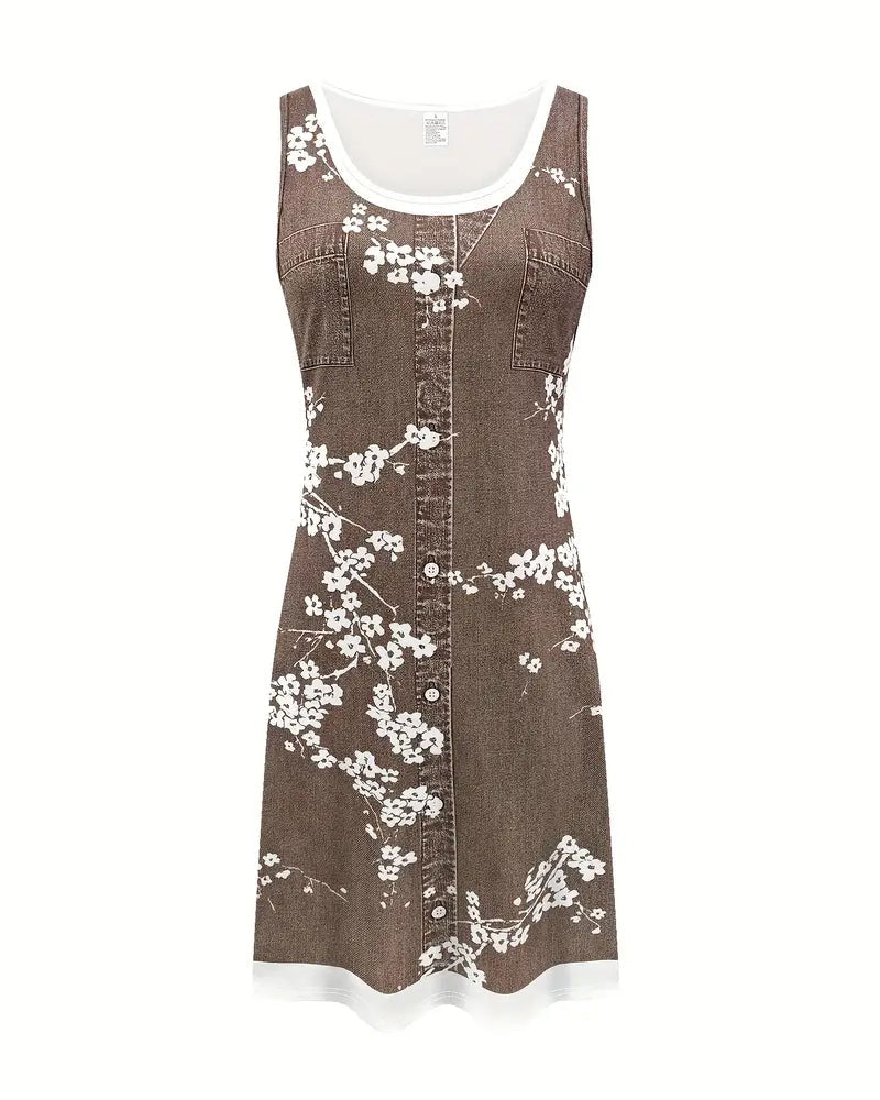 Kleid Lässig Ärmlos Weste Print