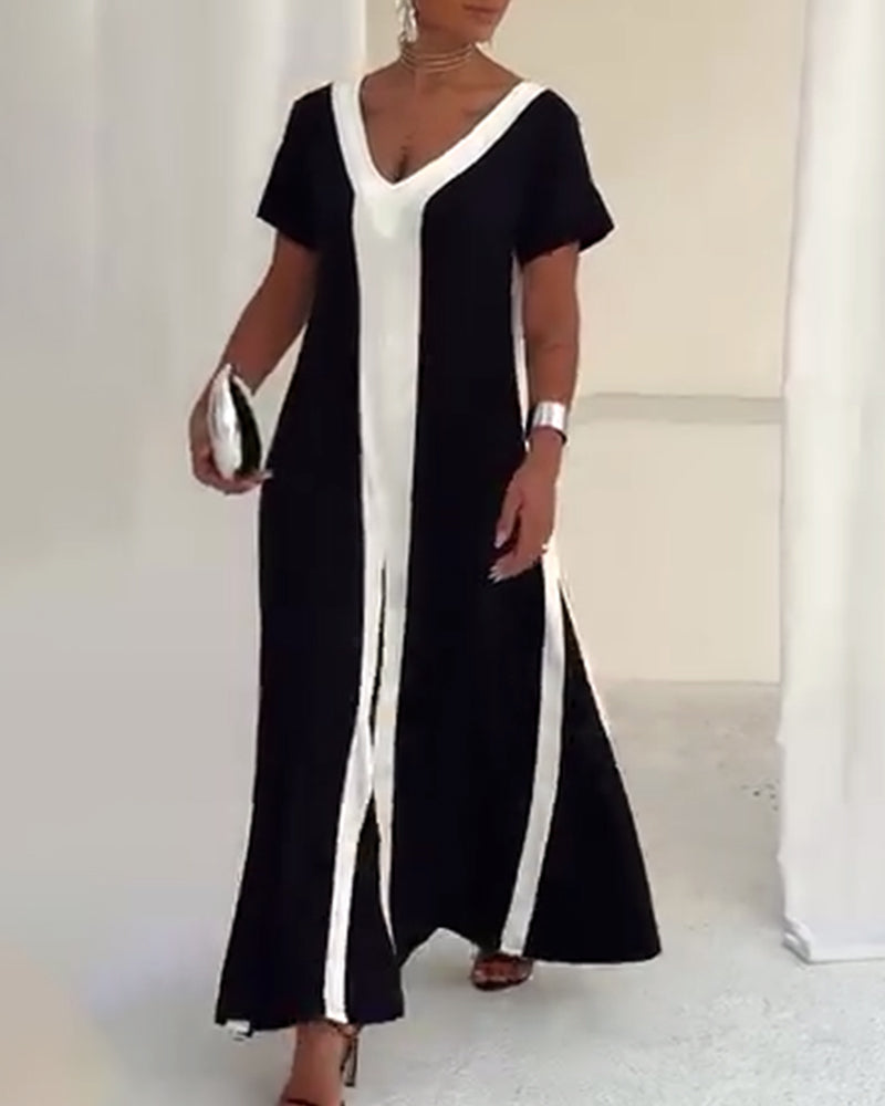 Kleid Temperament V-Ausschnitt Kontrastfarbe