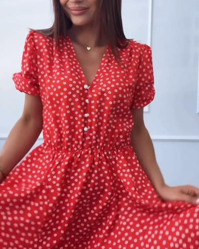 Kleid Punktmuster Druck Knopf V-Ausschnitt