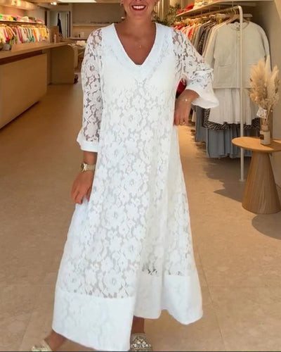 Kleid V-Ausschnitt Hohlspitze Blume locker