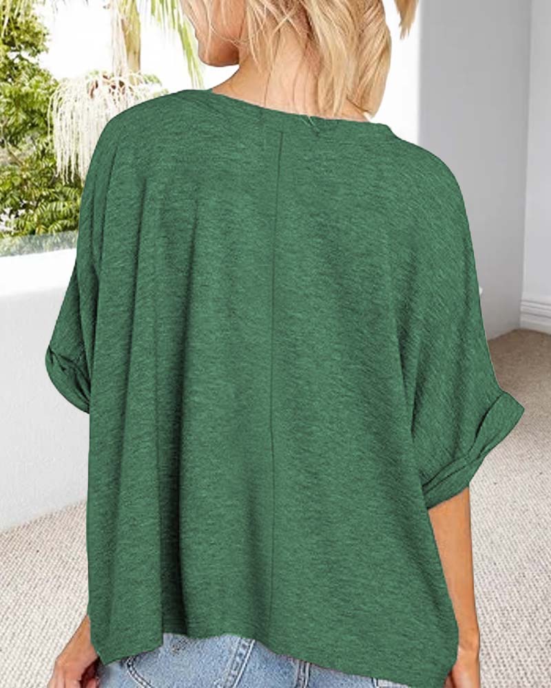 T-Shirt V-Ausschnitt Gerollter Saum Kurzärmlig Weit