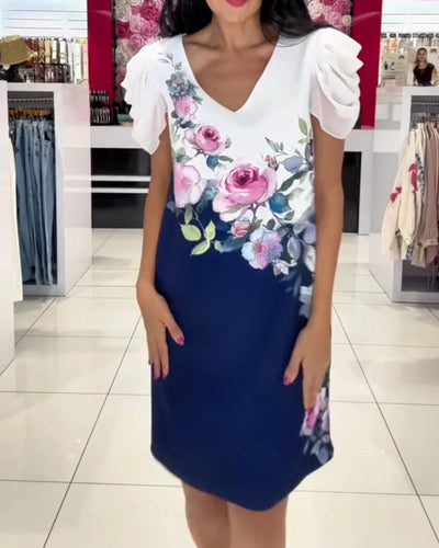Kleid Puffärmel V-Ausschnitt Rose Blume
